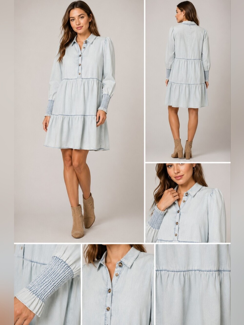 Vevert Womens Size S Light Wash Chambray Tiered Babydoll Shirt Dress Blue.